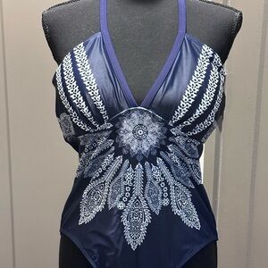 Navy and White Patterned Swimsuit